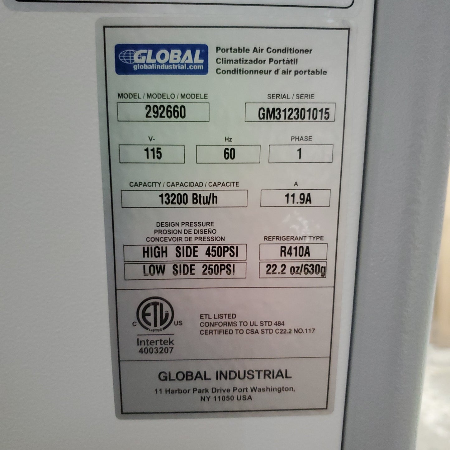 GLOBAL INDUSTRIAL Portable Air Conditioner W/ Cold Air Nozzles 292660 (New)