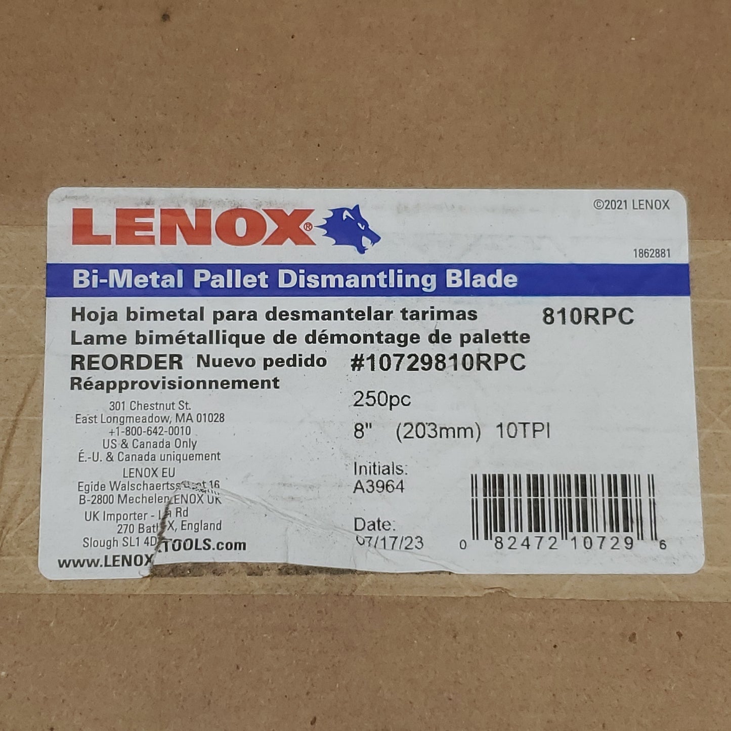 LENOX (250 PACK) Bi-Metal Pallet Dismantling Blades 8" 810RPC