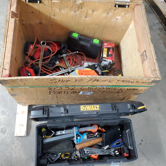 ZA@ Wood Crate Full of Mixed Tools Including Wrenches, Drill Bits, Tool Case, Clamps and Etc.