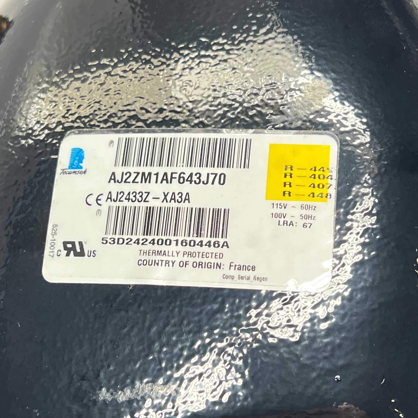 TECUMSEH Hermetic Refrigeration Compressor 3/4 HP Black AJ2ZM1AF643J70