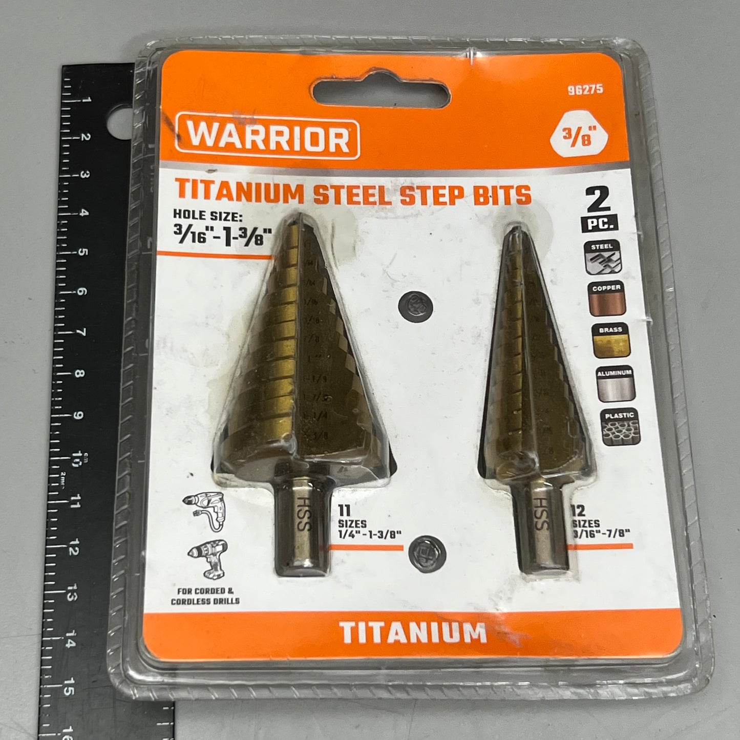 WARRIOR 2PC! Titanium Steel Step Bits 3/8"x3/16"-1-3/8" 96275