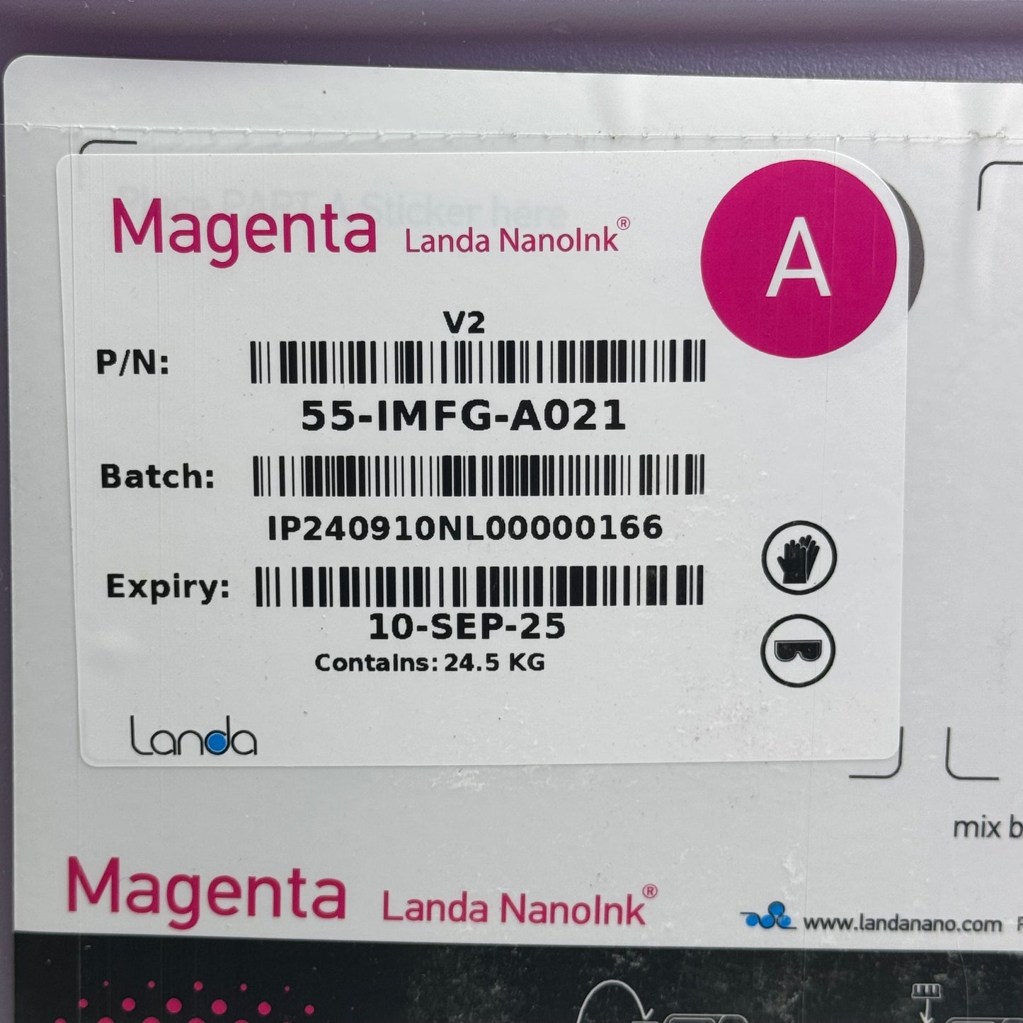 LANDA NANOINK Magenta Ink 25 Lit 6.6 Gallon Parts A & B 55-IMFG-A021 BB 09/25