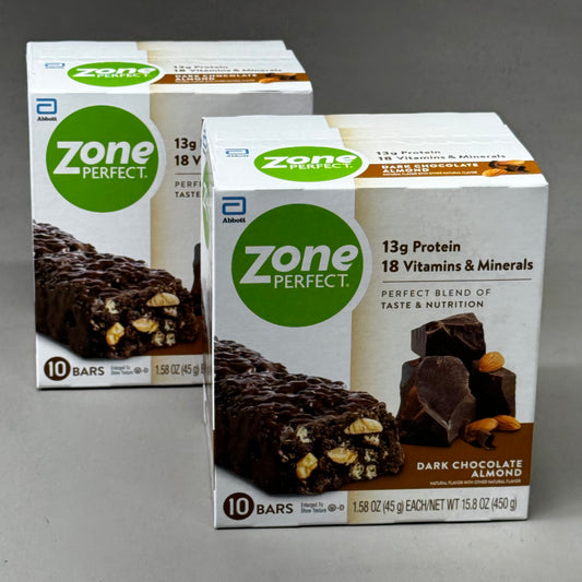 ZONE PERFECT (2 PACK) Nutrition Bars Dark Chocolate Almond 10 Bars Each Exp 02/25