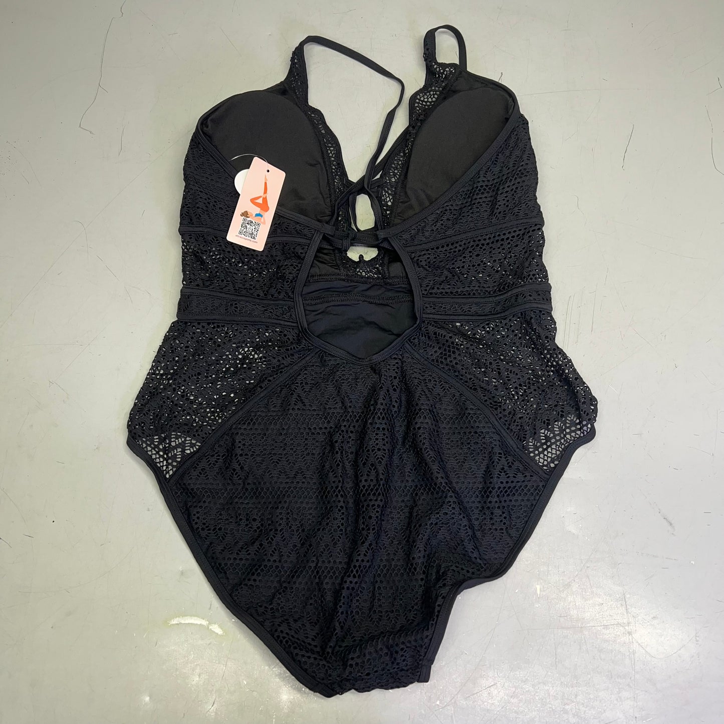 CHARMO Solid Cross Plunge Crochet One Piece Swimsuit Women's Sz M Black