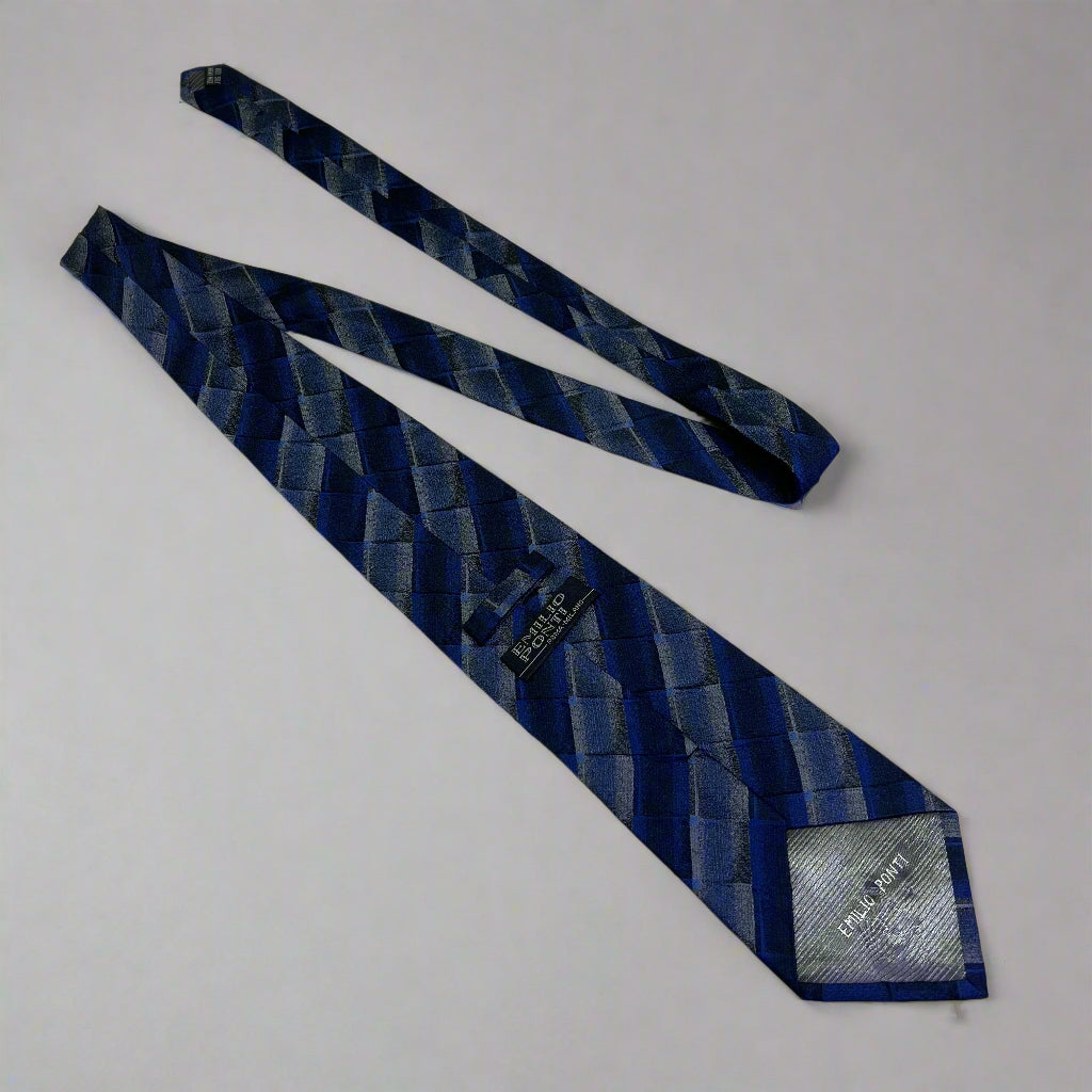 EMILIO PONTI Hand Made 100% Silk Suit Tie Ombre Plaid 60" Blue/White (Pre-Owned)