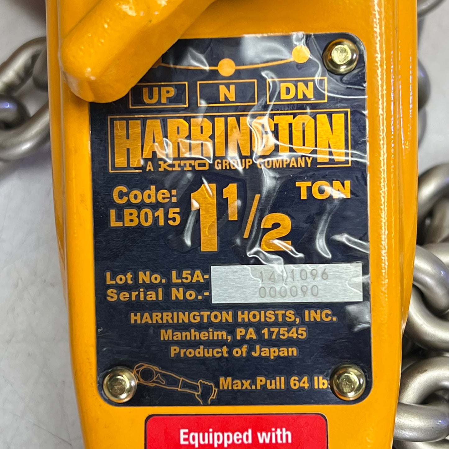 HARRINGTON 1 1/2 ton Nickel Plated Chain Die-Cast Lever Hoist L5LB015-SC-10