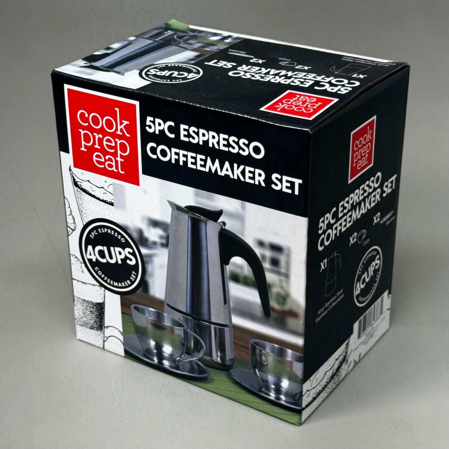 COOK PREP EAT 5-Piece Stainless Steel Espresso Coffee Maker w/ Cups Set 13435193