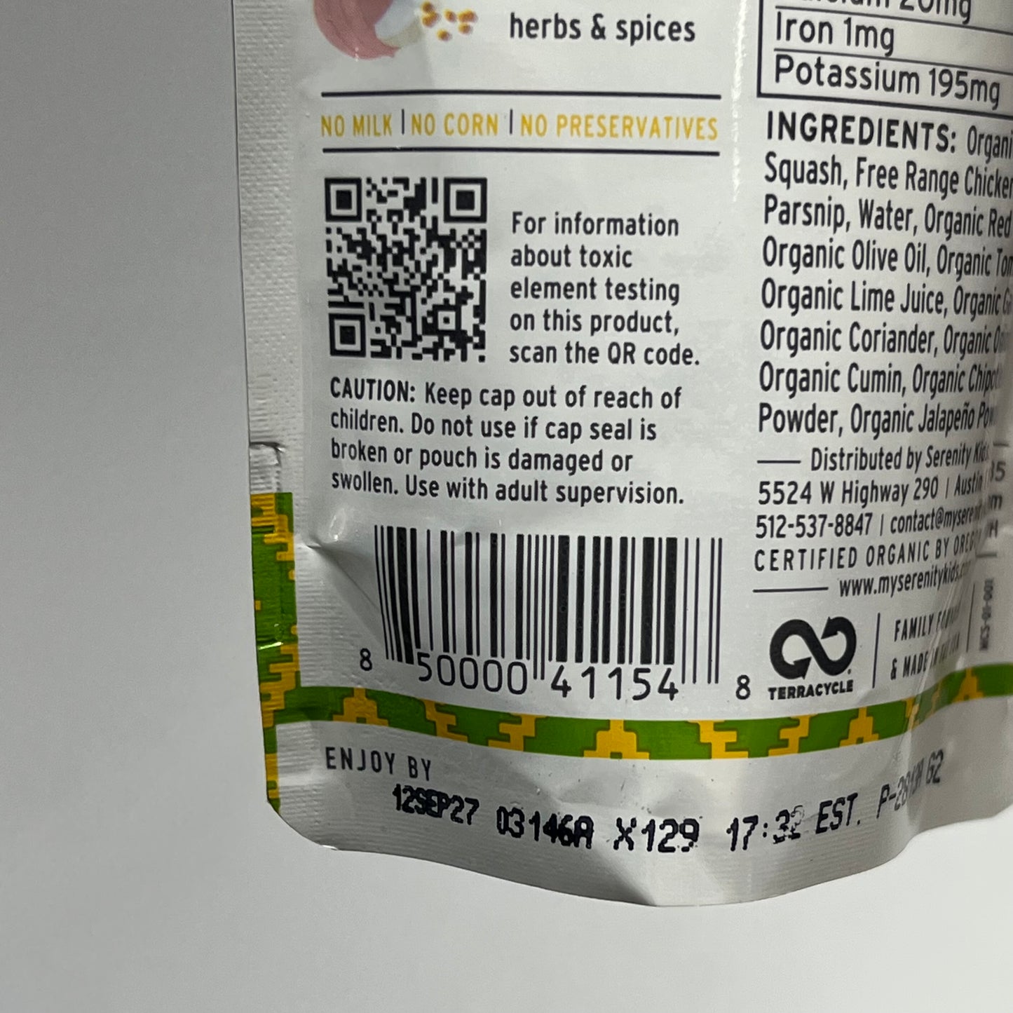 SERENITY (6 PACK) Free Range Chicken Mexican Stew Baby Food Pouches BB 09/27