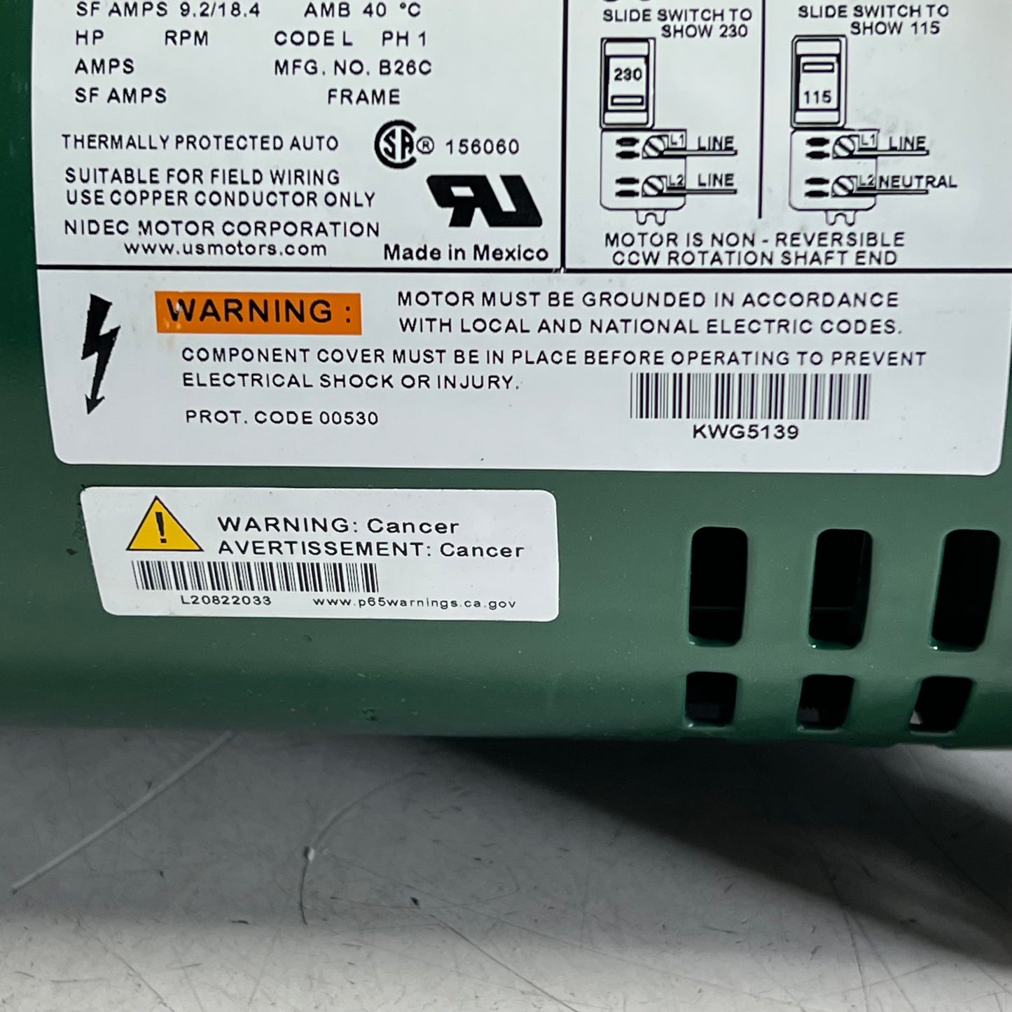 US MOTORS Commercial Grade Motor 115/230V 3450 RPM Green C55CXKWG-5139