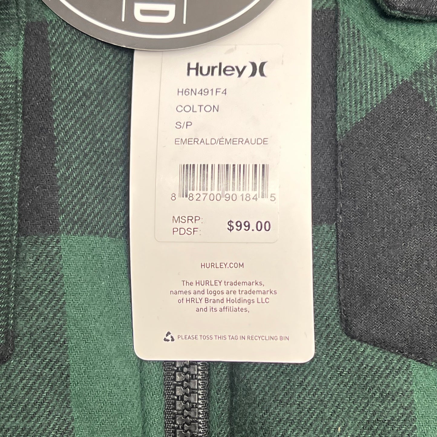 HURLEY Colt Sherpa Full Zip Jacket Men's Sz S Green/Black Plaid H6N491F4