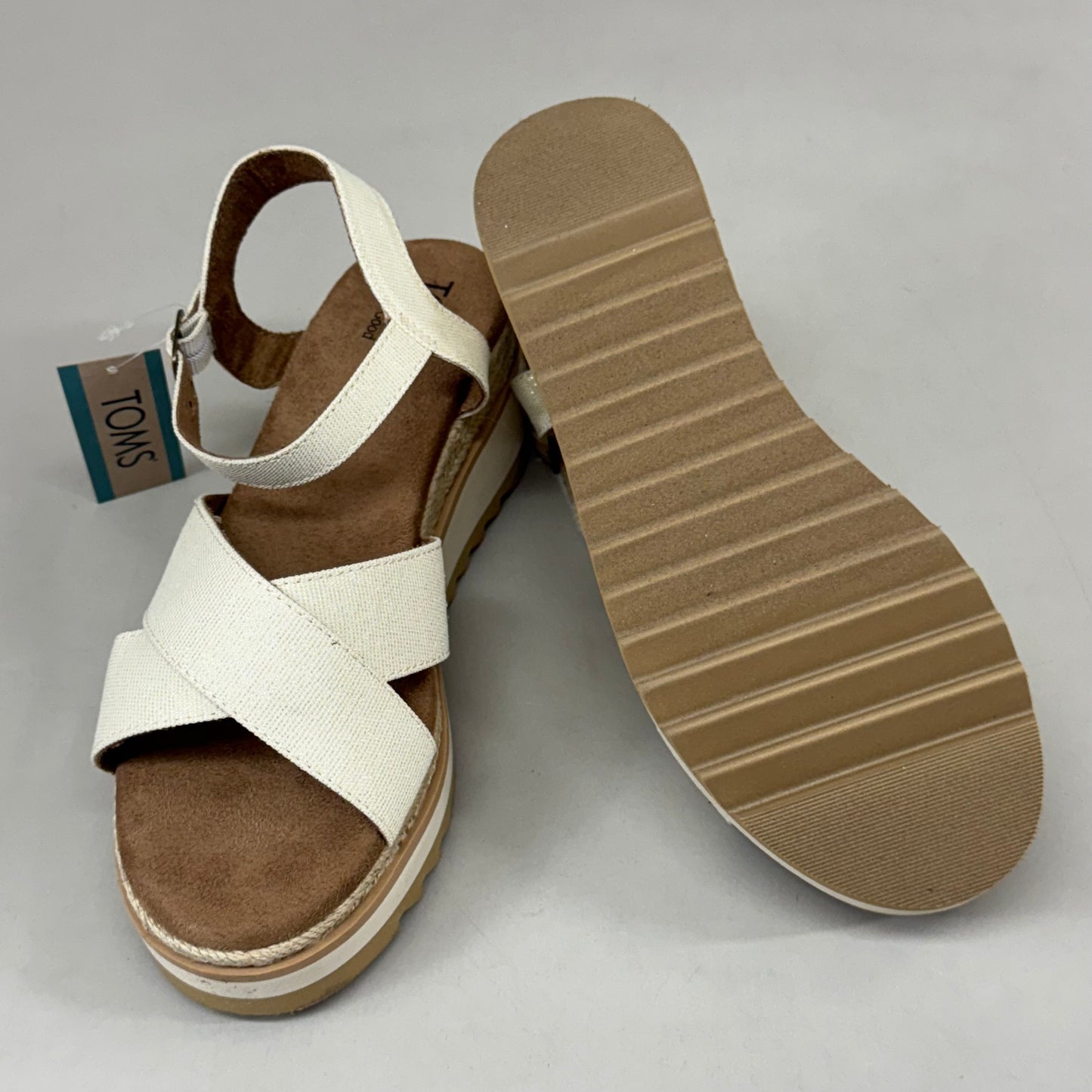 TOM'S Noelani Platform Wedge Sandals Women's Sz 8 EU38.5 Natural/Gold  10022418