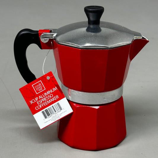 COOK PREP EAT Aluminum Espresso Coffee Stay Cool Handle 3-Cup Capacity Red 33122