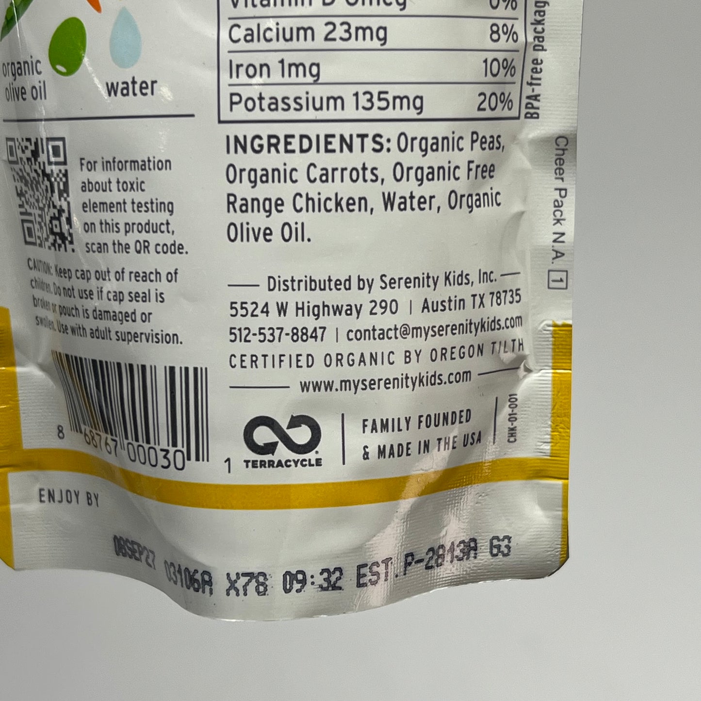SERENITY (6 PACK) Free Range Chicken W/ Peas & Carrots Baby Food Pouch BB 09/27