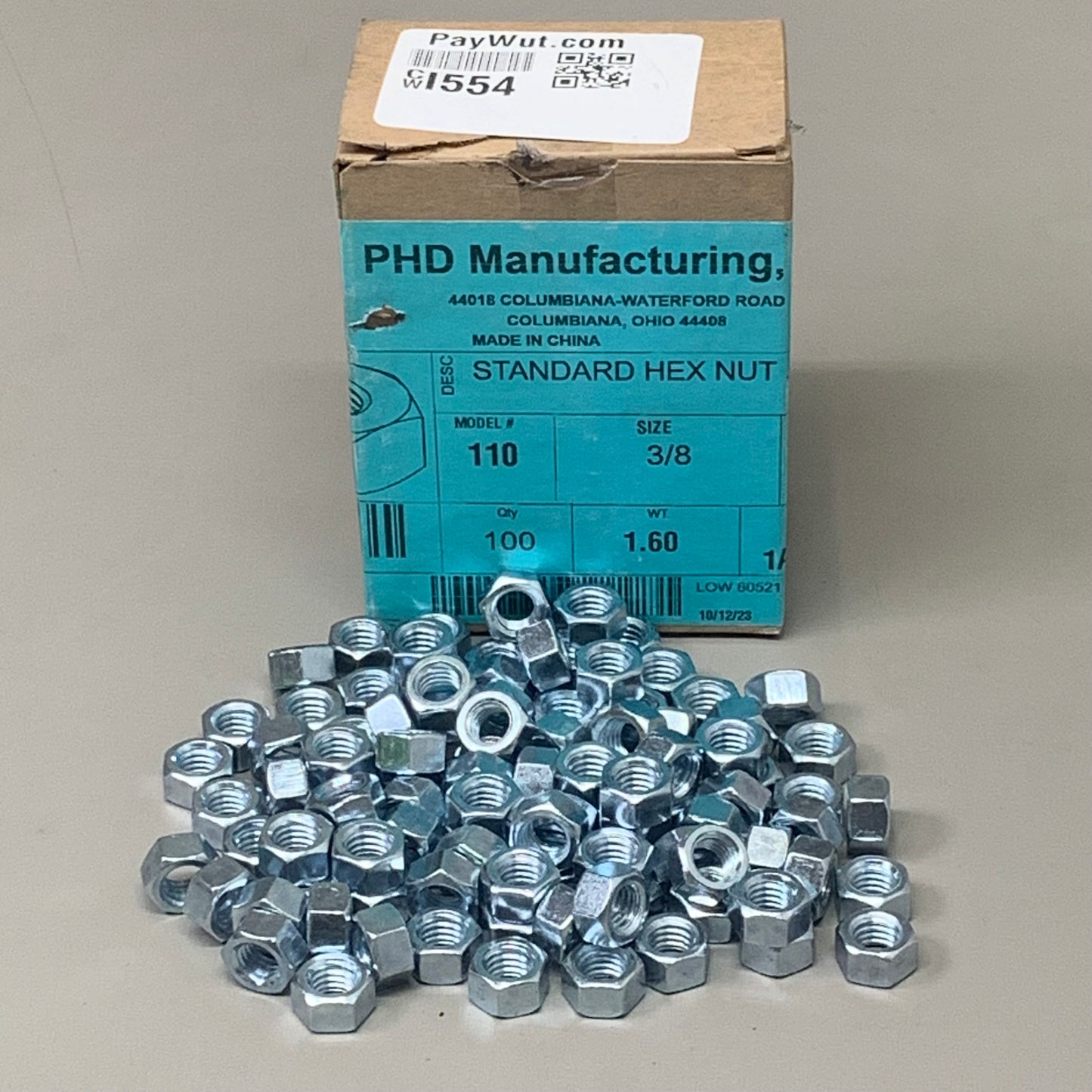 PHD MANUFACTURING(100 PEICE)Standard 3/8"-16 Hex Nuts Coarse Low Carbon Zinc 110