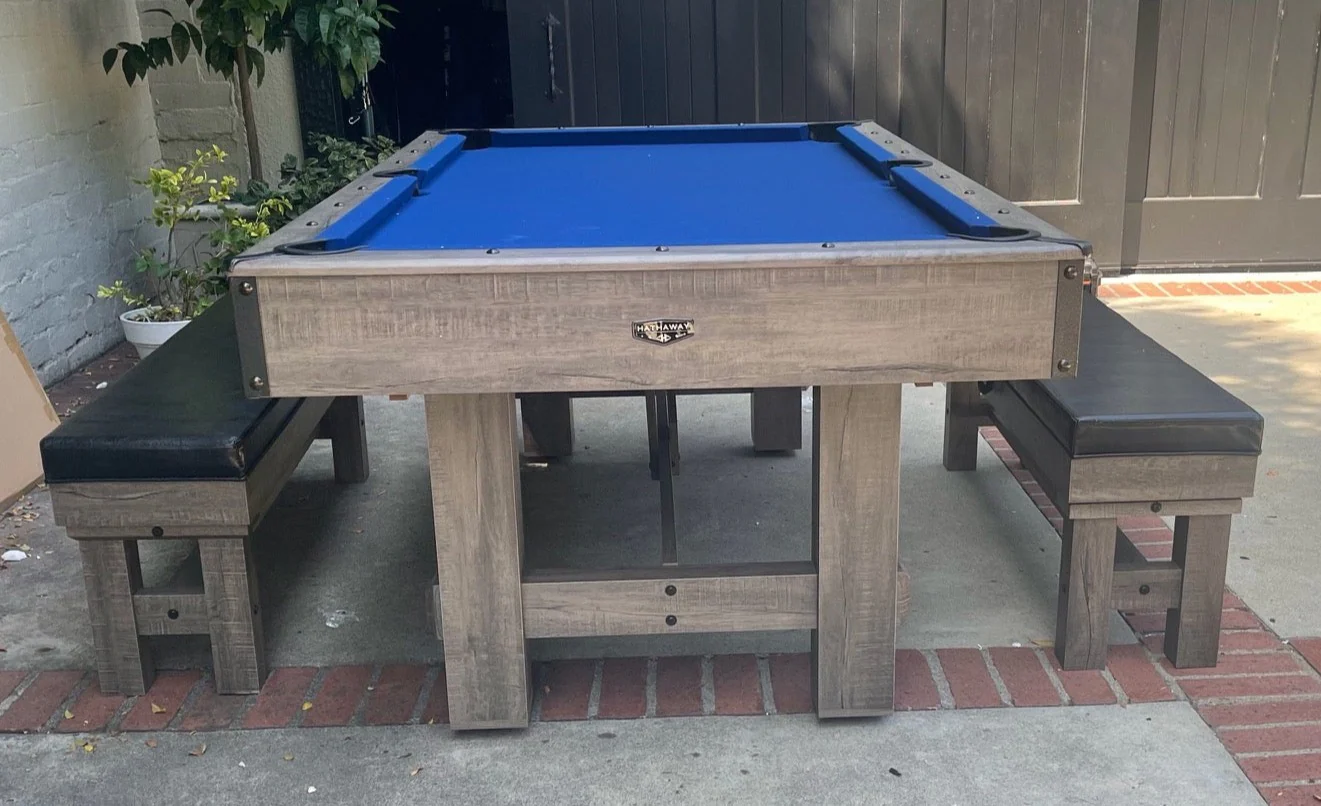 Z@ HATHAWAY LOGAN 7-ft Pool Table Combo Set w/ Benches, Rustic Gray w/ Blue Felt BG50348 (New, Damaged Box)