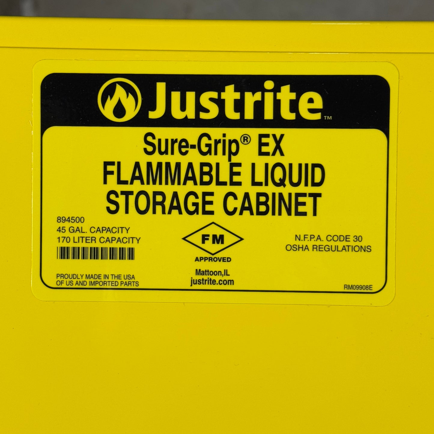 ZA@ JUSTRITE Sure-Grip EX Flammable Liquid Safety Storage Cabinet 45 Gal 18”Wx43”Lx65”H 894500 (AS-IS, Minor Damage)