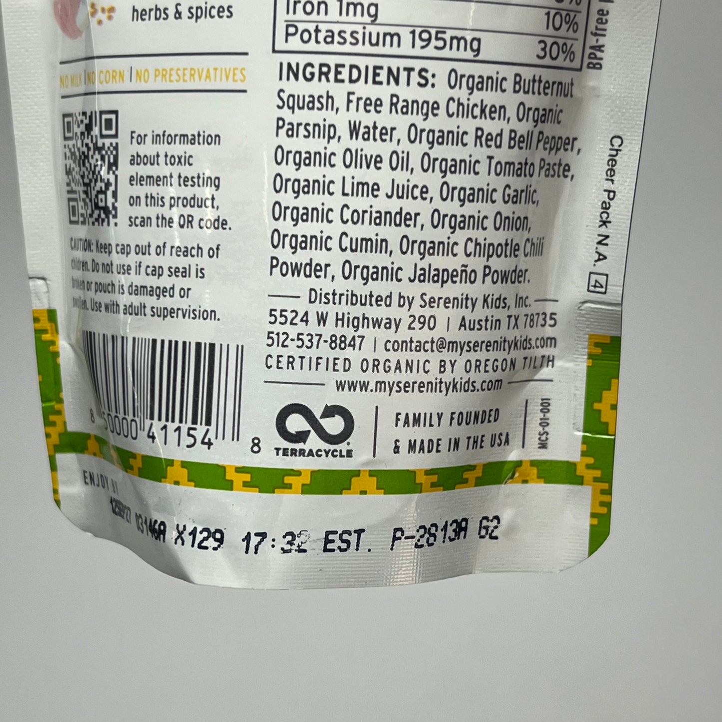 SERENITY (6 PACK) Free Range Chicken Mexican Stew Baby Food Pouches BB 09/27