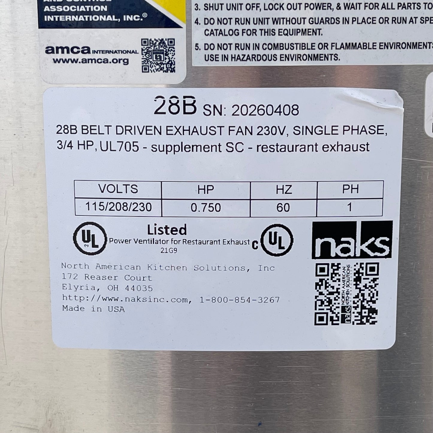 Z@ NAKS Centrifugal Upblast Exhaust Fan, 28B Belt Driven 20260408 (New)