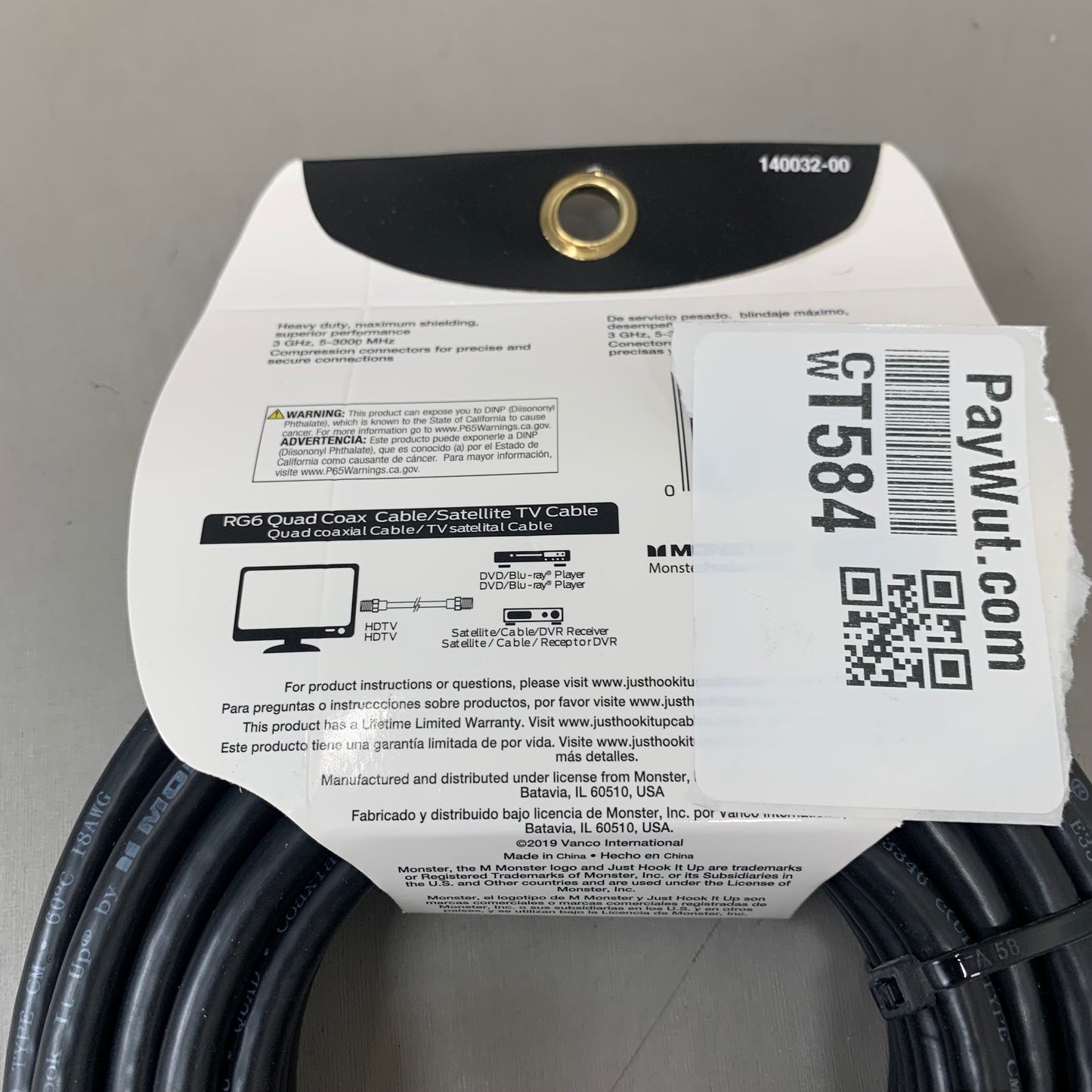 MONSTER RG6 Quad Coax Satellite Tv Cable 25ft Black 140032-00