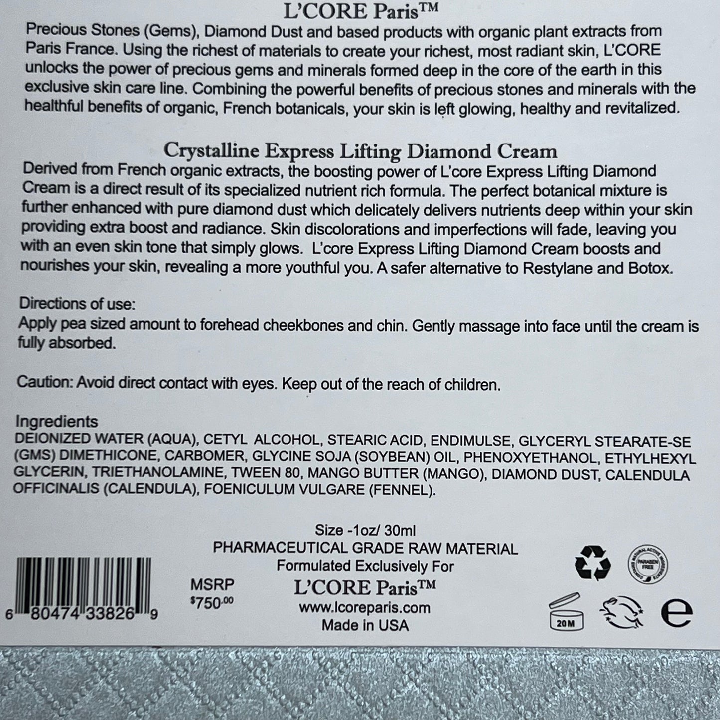 ZA@ L'CORE Crystalline Express Lifting Diamond Cream 1 oz BB 20 Months After Opening