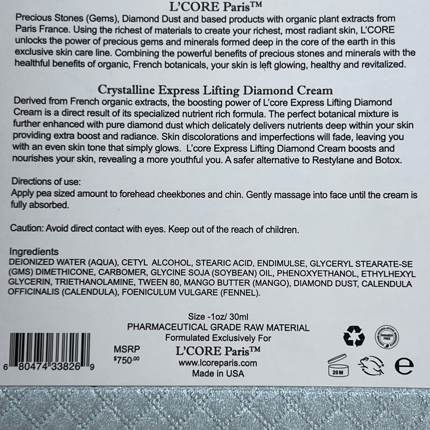 ZA@ L'CORE Crystalline Express Lifting Diamond Cream 1 oz BB 20 Months After Opening A