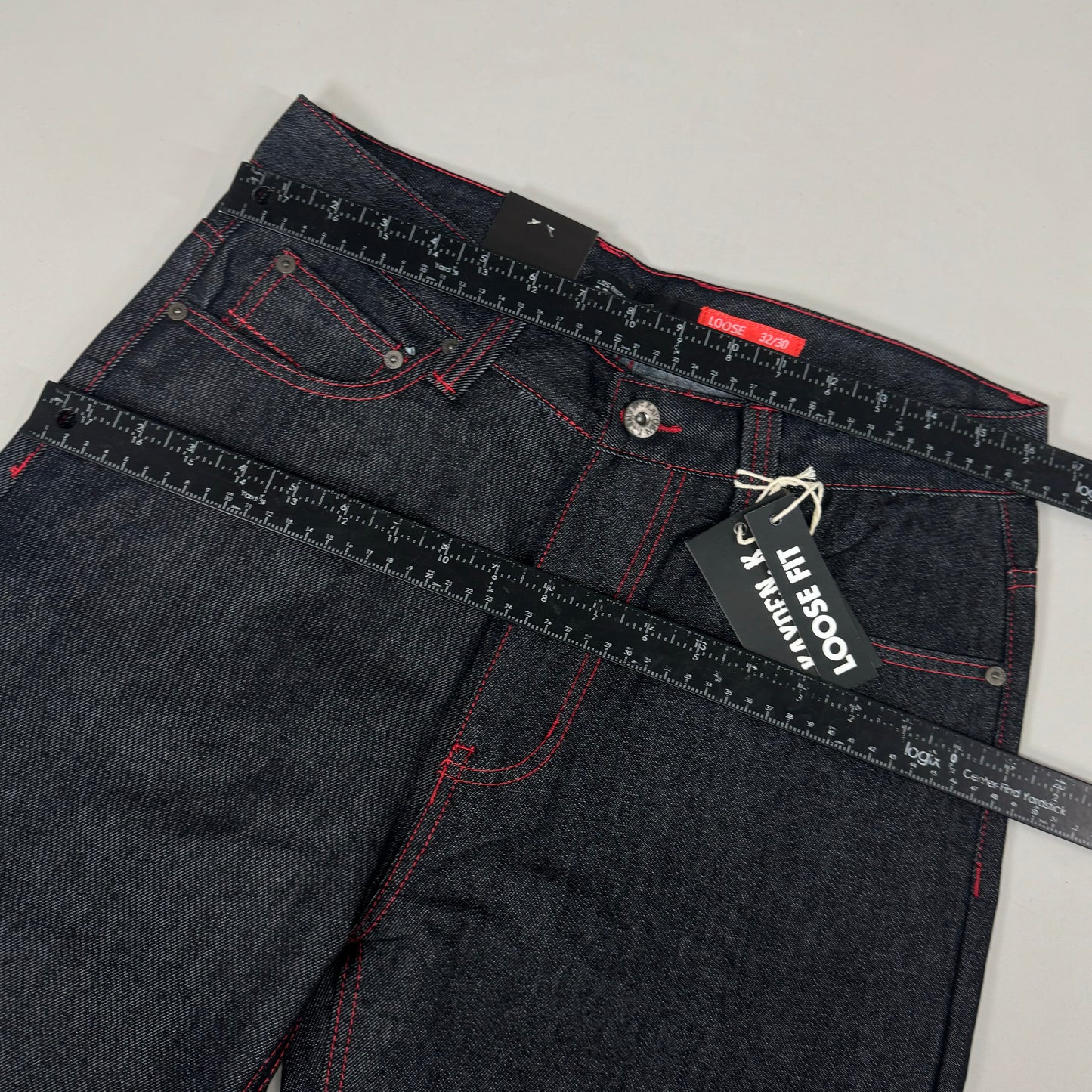 KAYDENK Raw Loose Fit Unwashed Denim Contrast Stitch Jean Men SZ 32/30 Black/Red