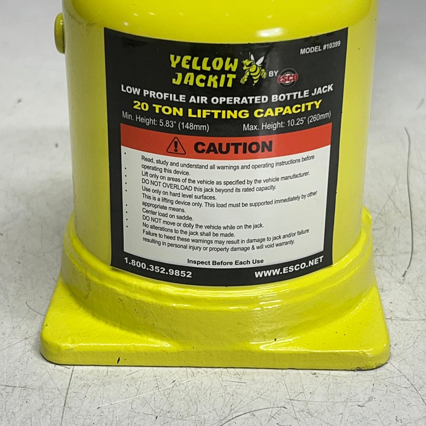 ESCO Yellow Jackit Air Hydraulic Shorty Bottle Jack 20 Ton Lifting Cap 10399