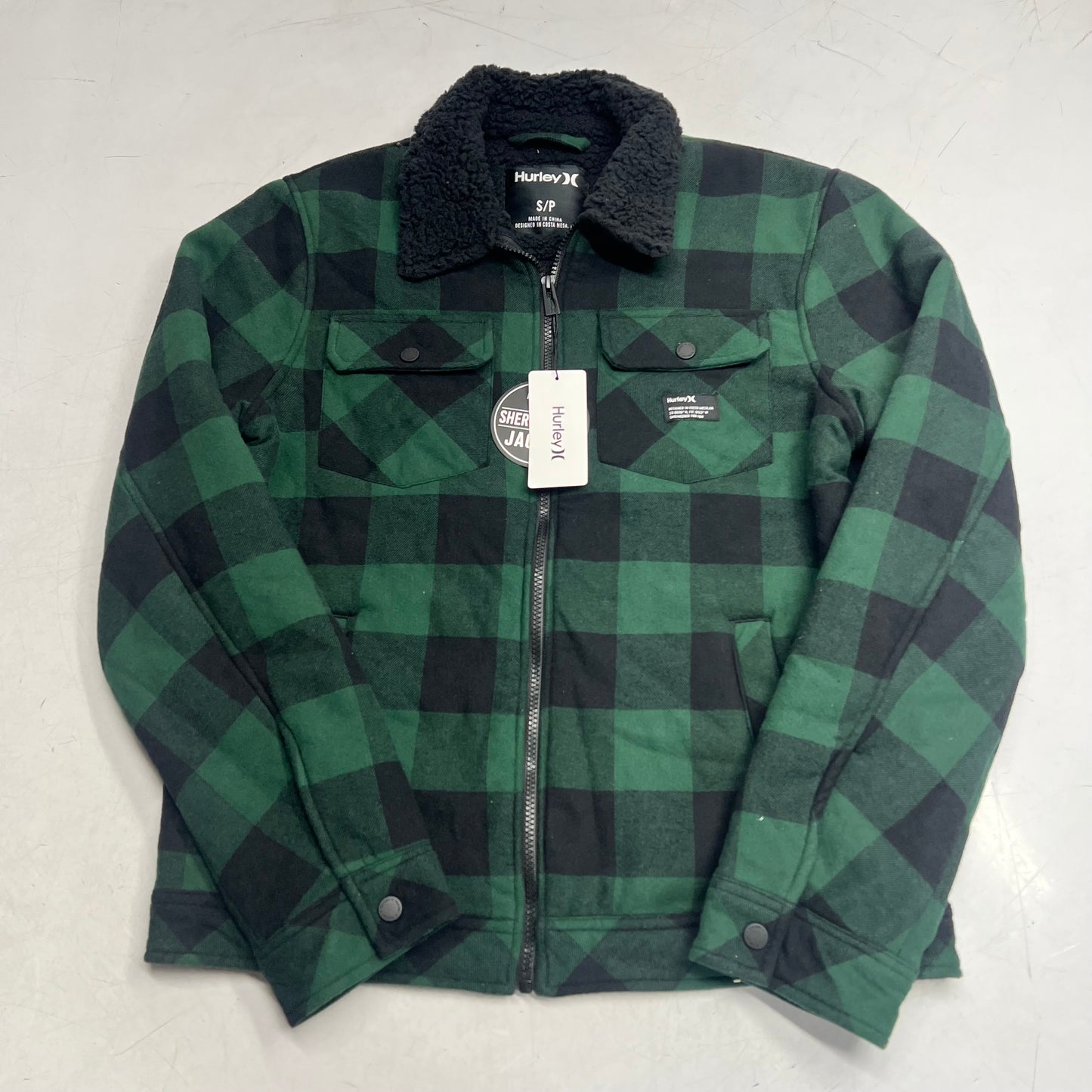 HURLEY Colt Sherpa Full Zip Jacket Men's Sz S Green/Black Plaid H6N491F4