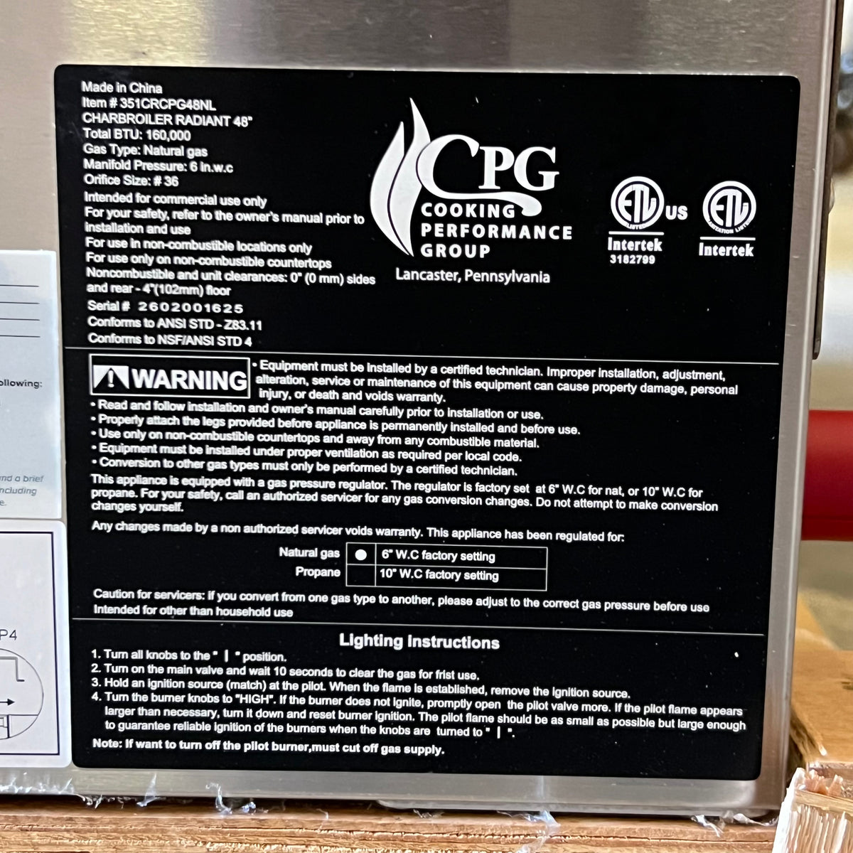 CPG Cooking Performance Group 48" Radiant Charbroiler 160,000 BTU 4 Burner Natural Gas 351CRCPG48NL