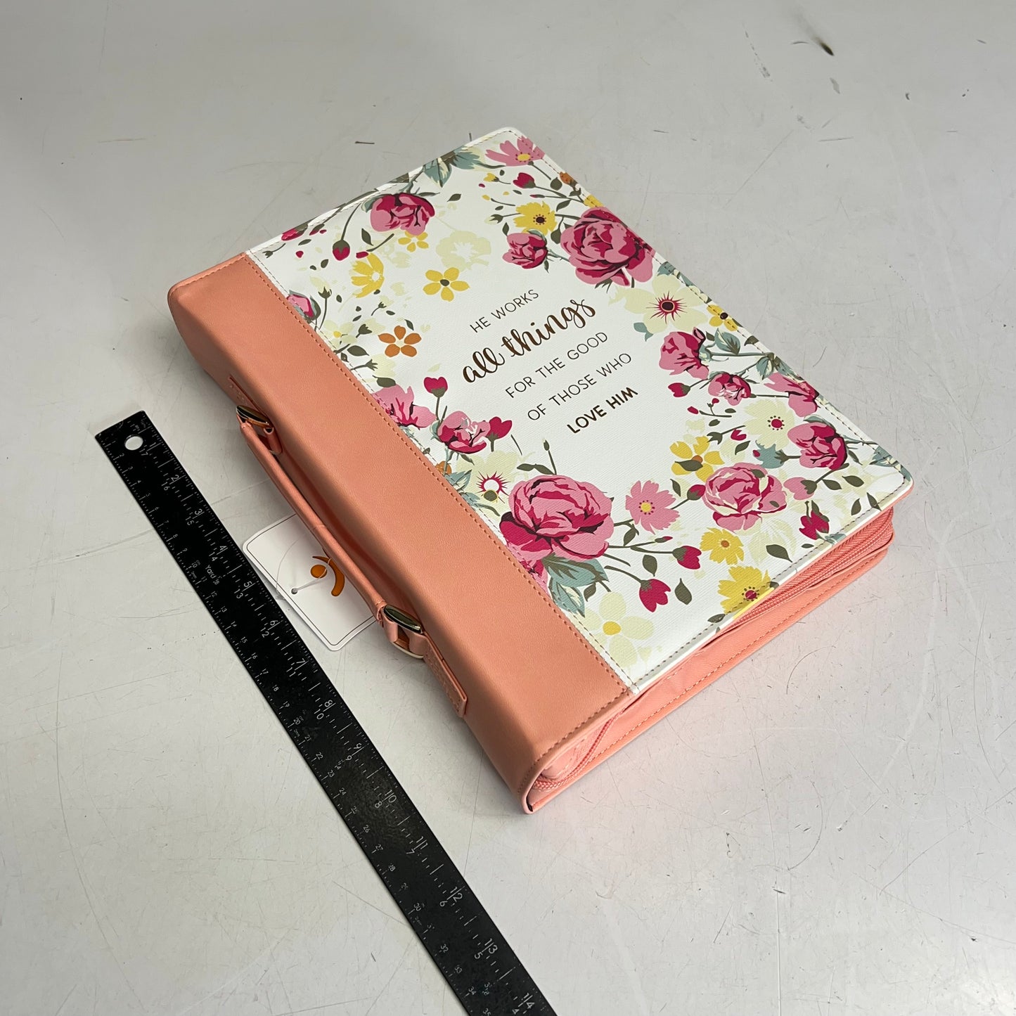 CHRISTIAN ART GIFTS Romans 8:28 Faux Leather Fashion Bible Cover 8"x11' Peach