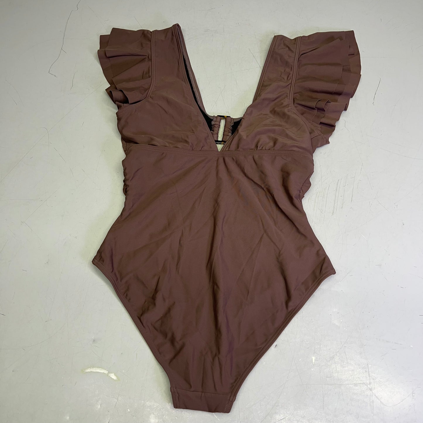 CHARMO Deep Scoop Neck Ruffle Cap Sleeve Swimsuit Women's Sz M Milk Chocolate