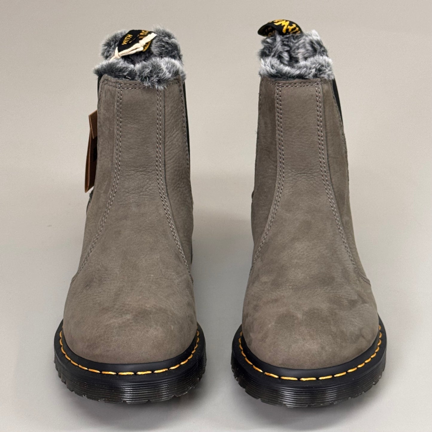 DR MARTENS Leonore Faux Fur-Lined Suede & Nubuck Leather Boots SZ 10 Nickel Grey