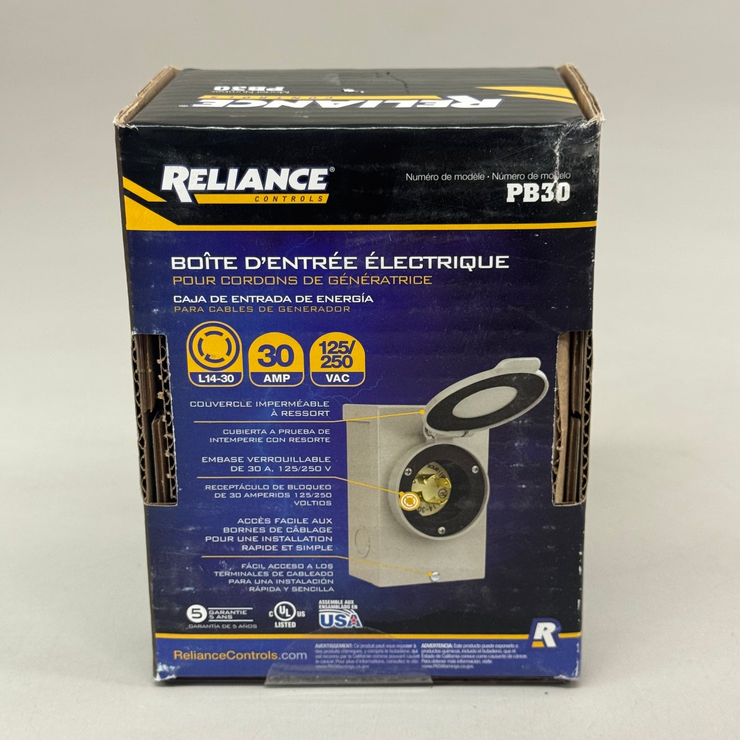 RELIANCE CONTROLS Power Inlet Box For Generator Cord Connection L14-30 Grey PB30