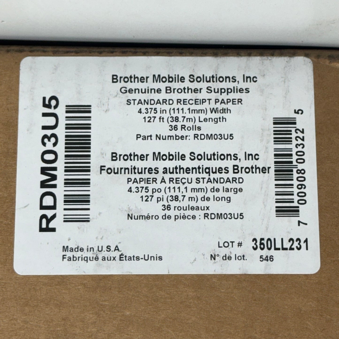 BROTHER MOBILE SOLUTIONS 36 PK! Standard Receipt Paper RD-M03U5