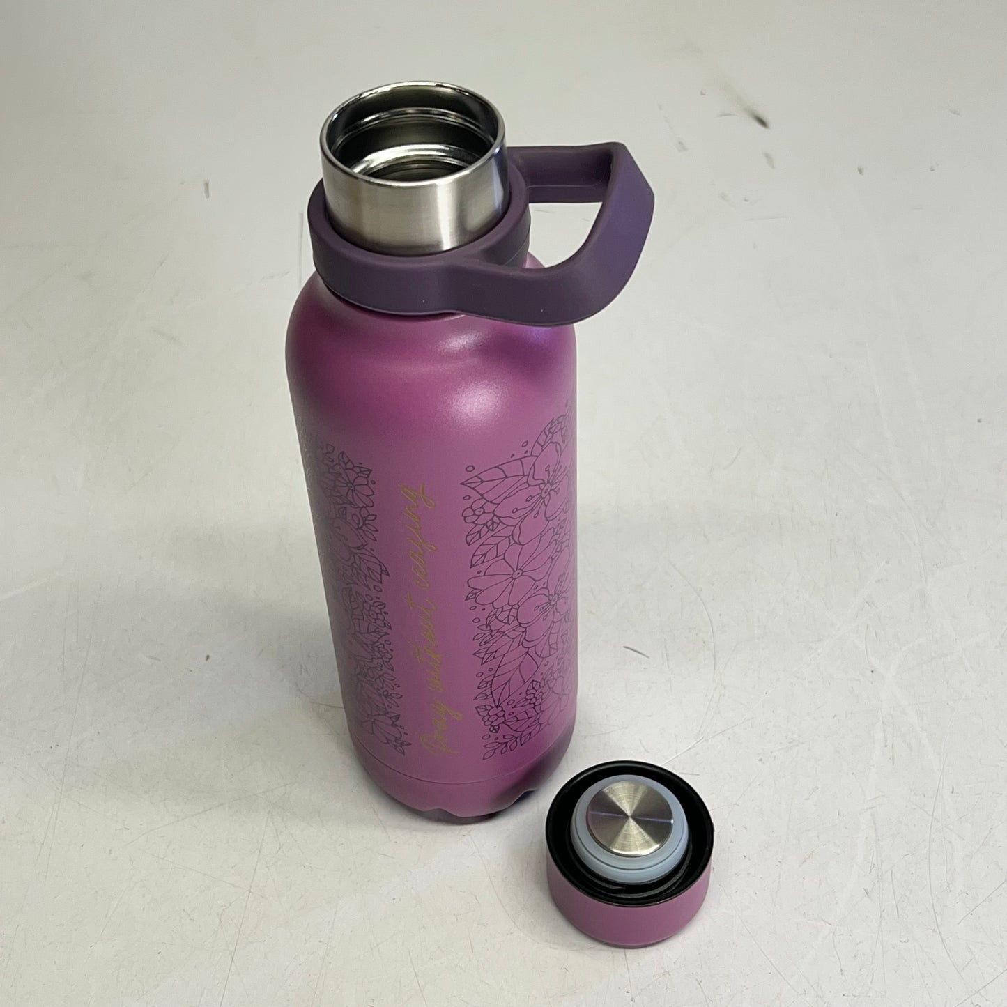 CHRISTIAN ART GIFTS Pray Floral Stainless Steel Water Bottle 24 Fl Oz Purple