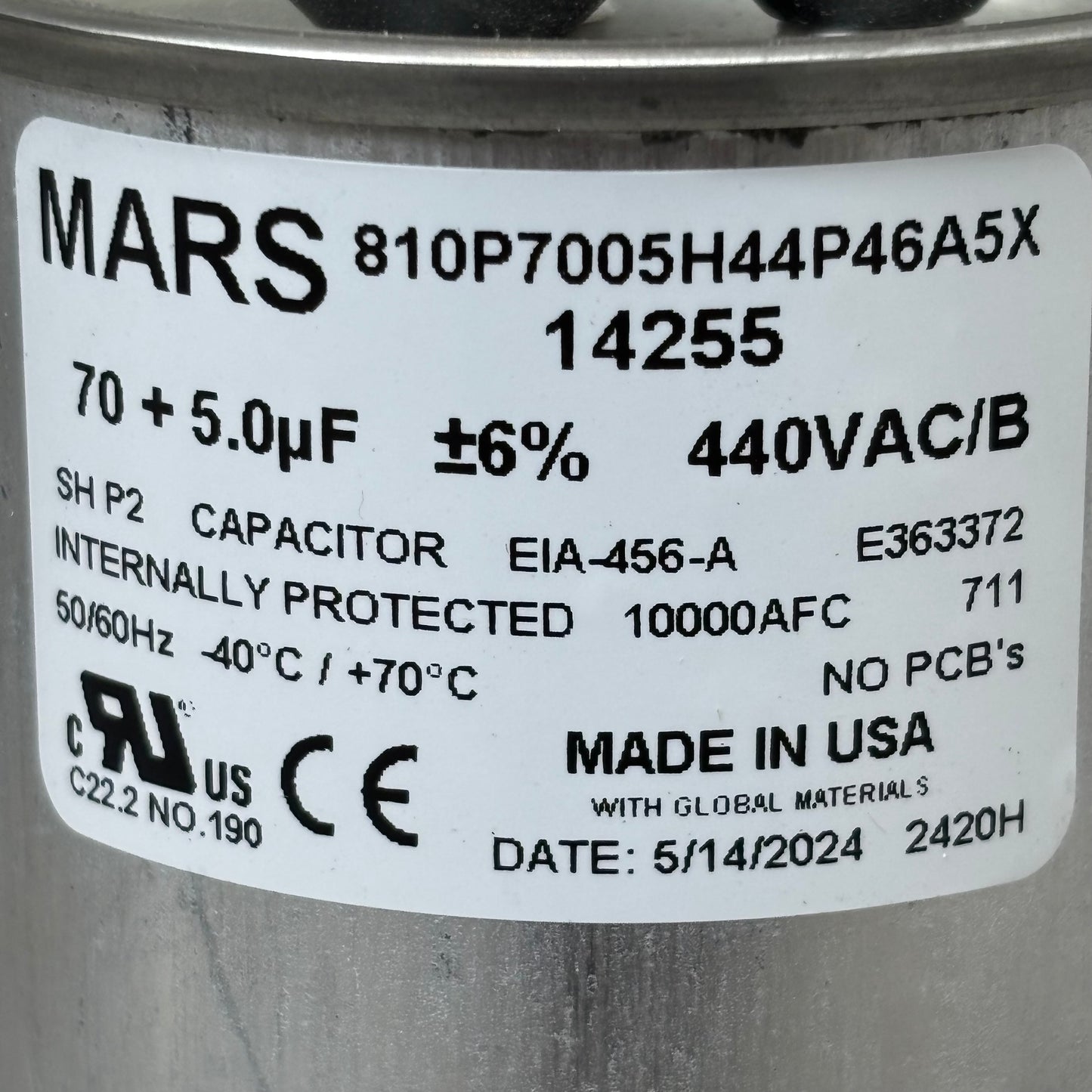 MARS Aluminum Motor Run Capacitor Round 70/5 MFD 440/370 VAC Dual Voltage 14255