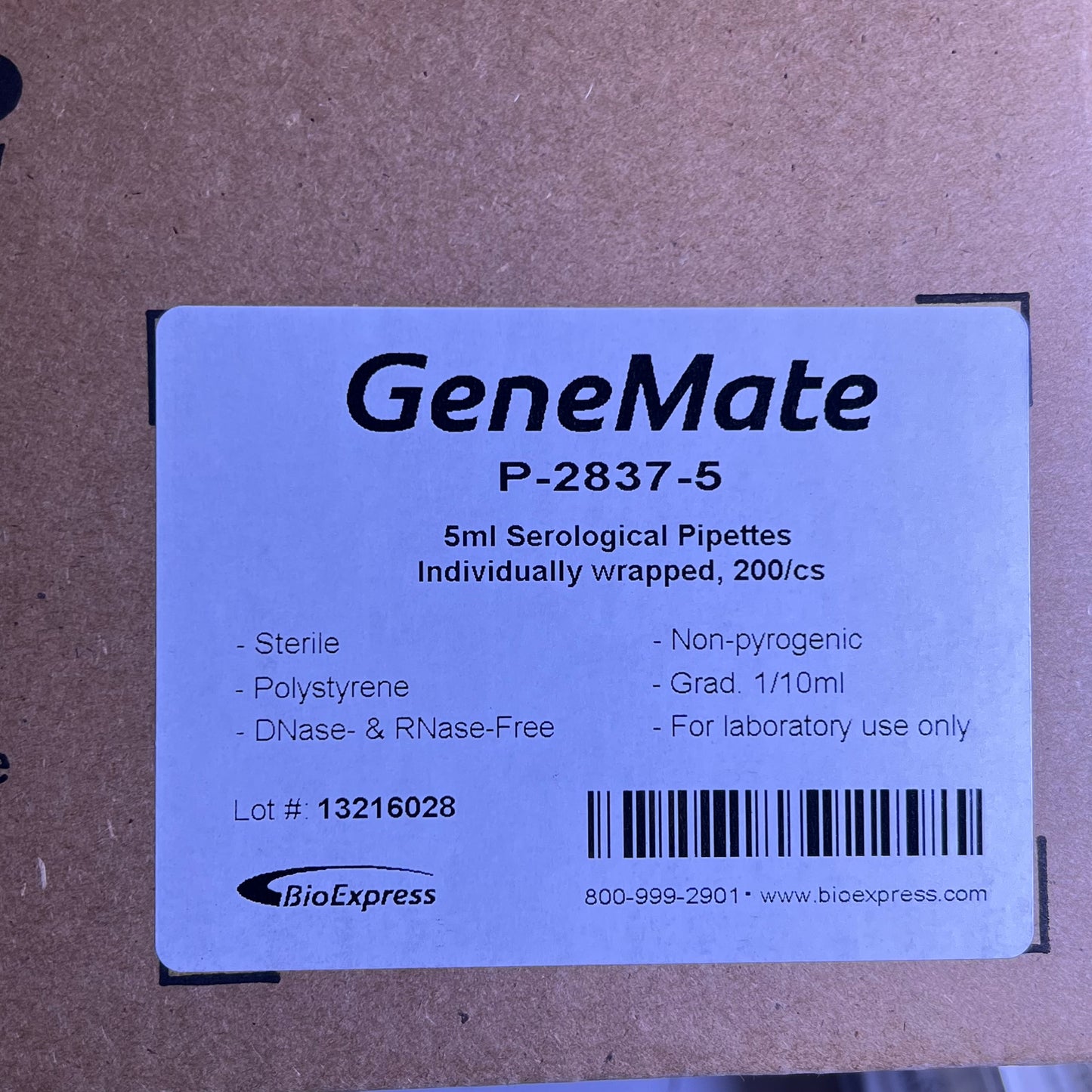 GENE MATE (50 PACK) Serological Pipettes Individually Wrapped 5ml Clear P-28375