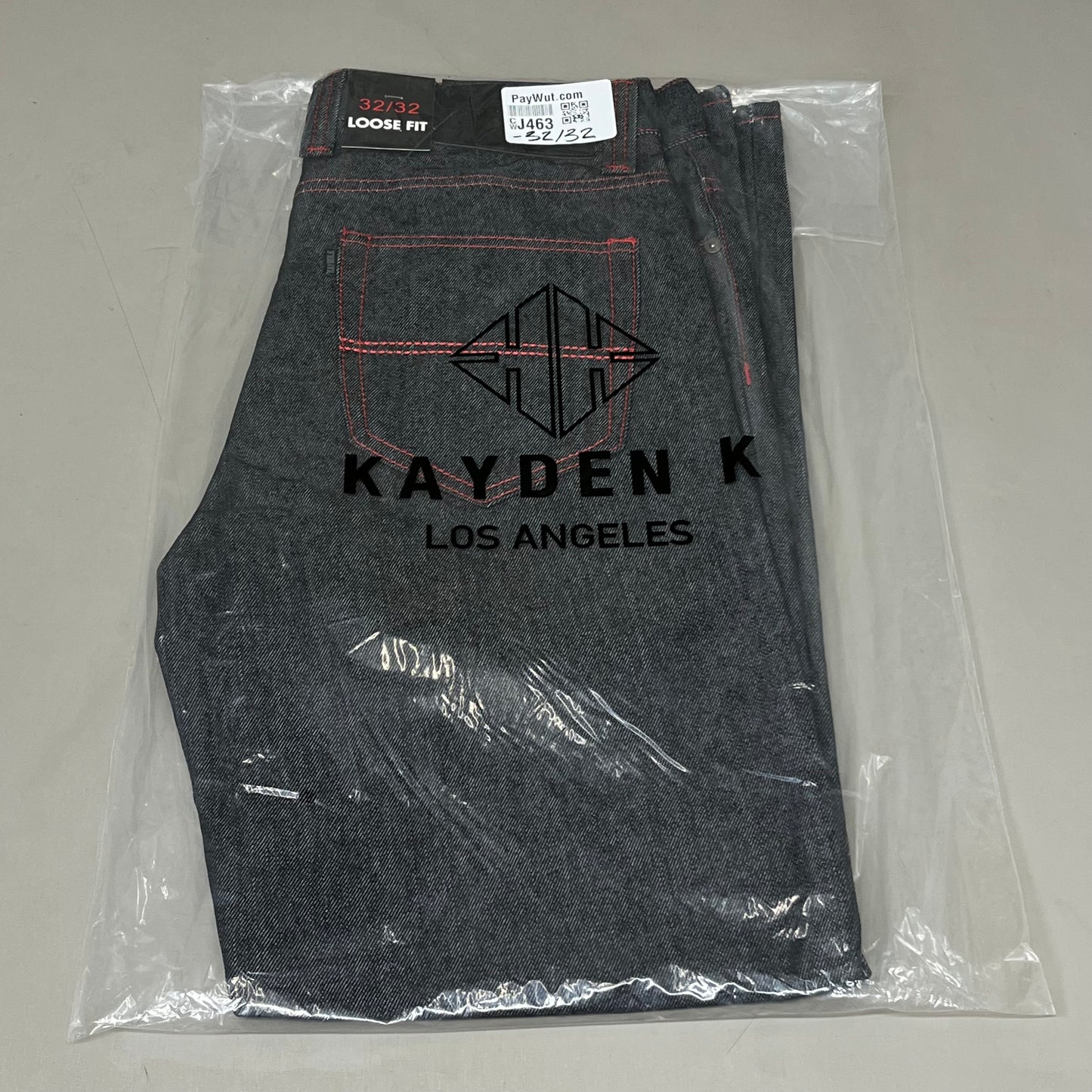 KAYDENK Raw Loose Fit Unwashed Denim Contrast Stitch Jean Men SZ 32/32 Black/Red