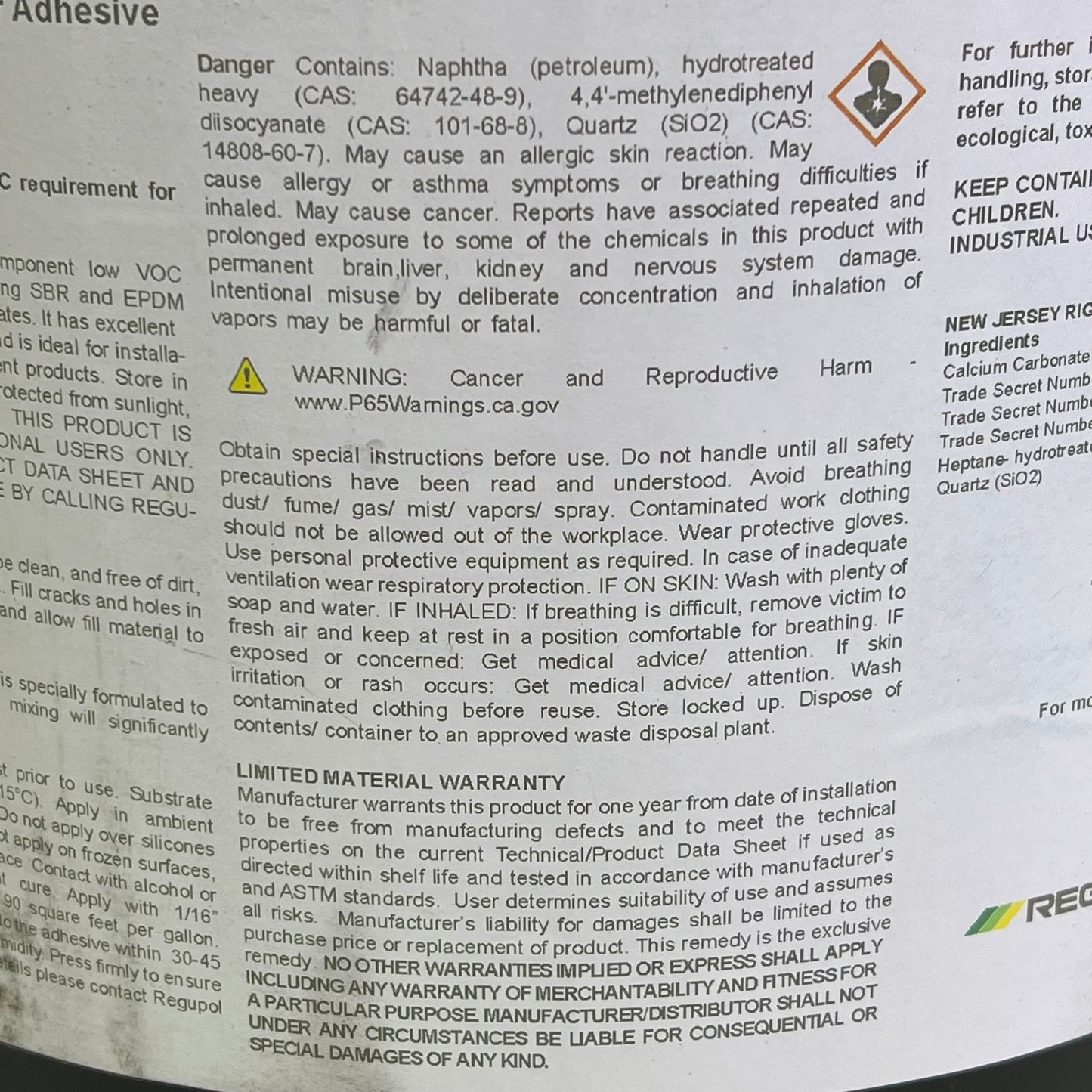 REGUPOL Premium Polyurethane Rubber Flooring Adhesive Made In USA 5 Gal PU350