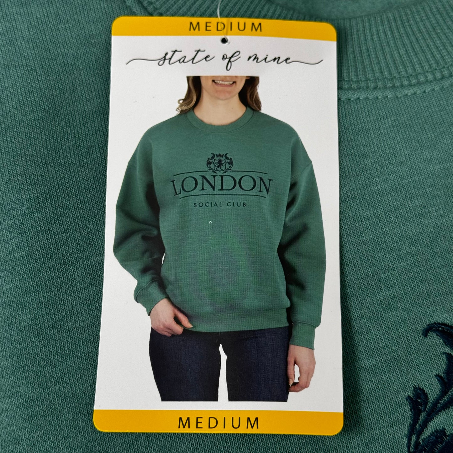 STATE OF MINE London Embroidered Crewneck Hoodie Sage Women's Sz M 15711