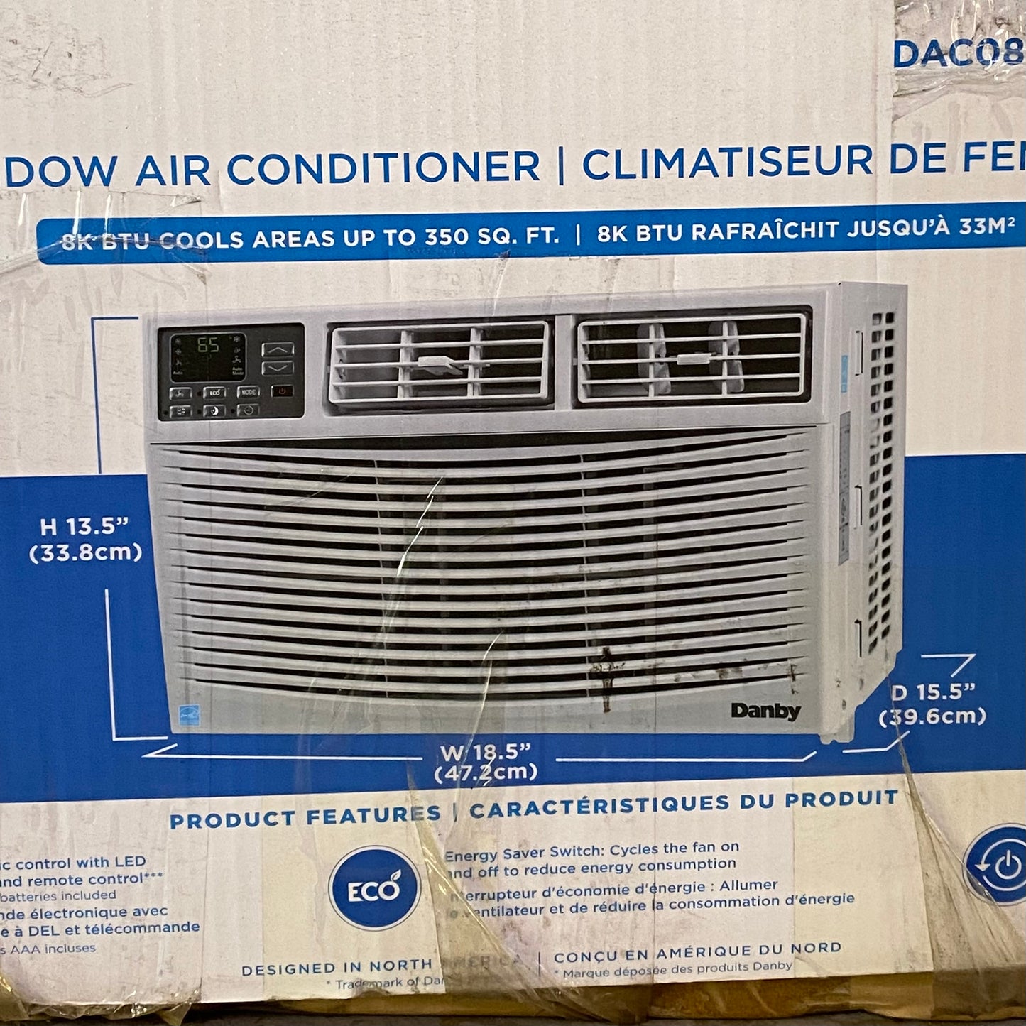 DANBY 8K BTU Window Air Conditioner With Remote 350 Sq Ft 18 1/2"W x 13 1/2"H x 15 1/2"D White DAC080EE2WDB