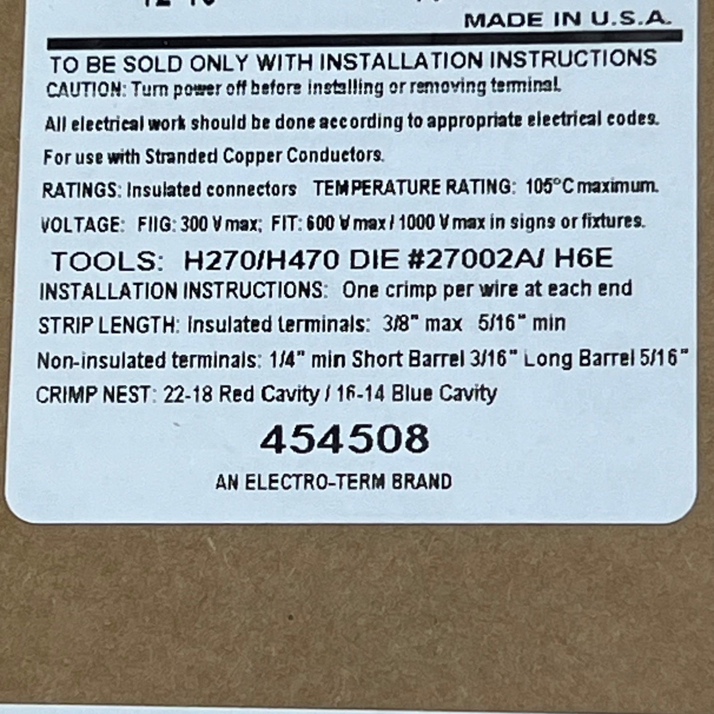 ELECTRO TERM (2000 ROLL) Hollingsworth Solderless Terminals 12-10 XR5109NT-MATTE