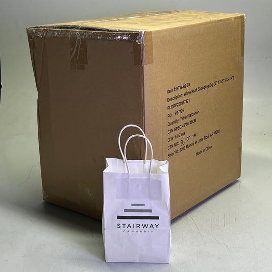 ZA@ STAIRWAY CANNABIS (750 Bags) White Kraft Shopping Bag Sz 8" x 5.5" x 3 1/4" STW-B2-03
