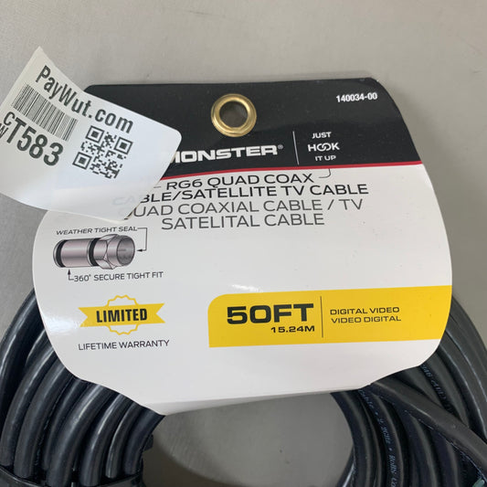 MONSTER RG6 Quad Coax Satellite Tv Cable 50ft Black 140034-00