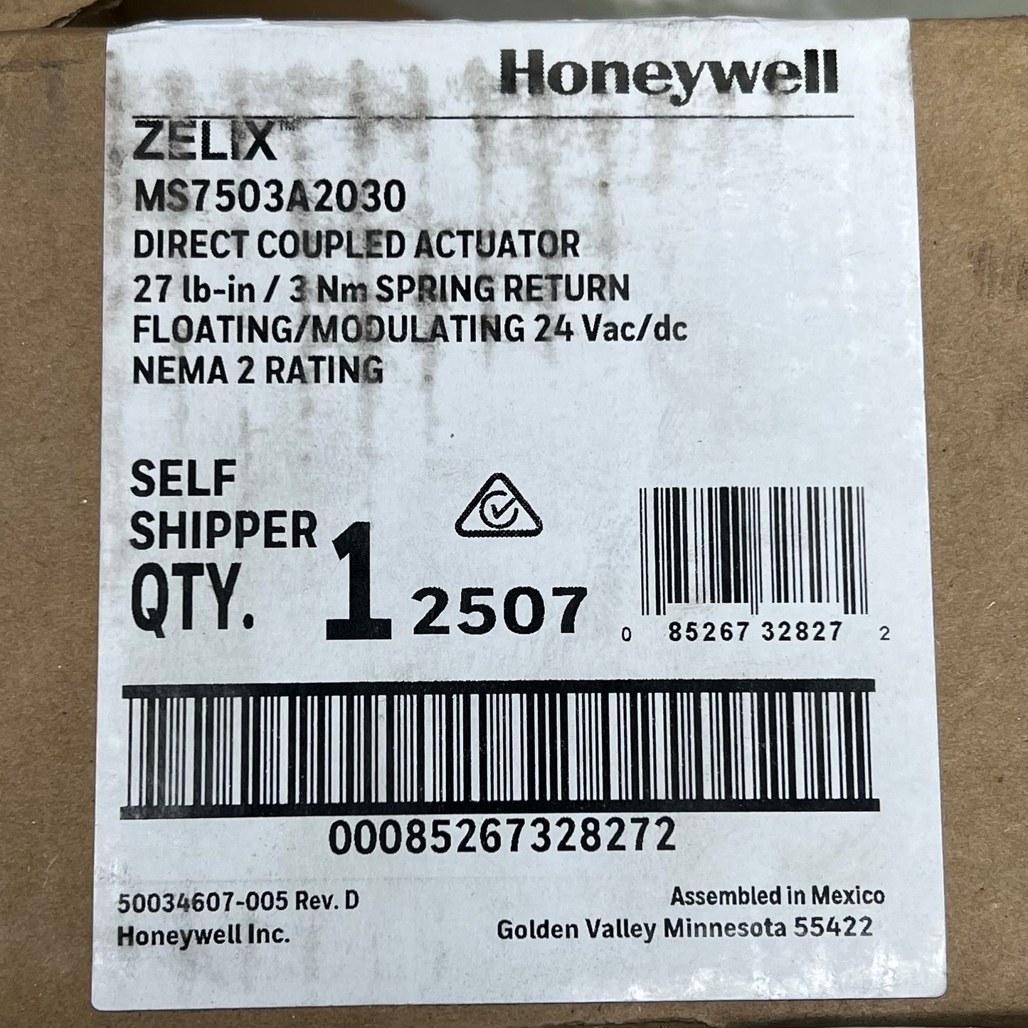 HONEY WELL Direct Coupled Actuator 3 Nm Spring Return  24 VAC MS7503A2030