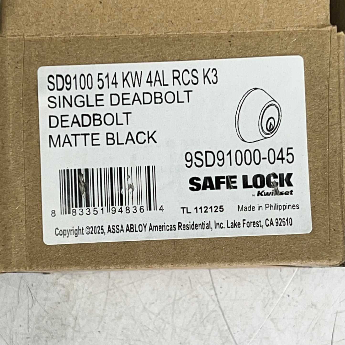 KWIKSET Safe Lock Single Cylinder Deadbolt W/ 2 Keys Matte Black 9SD91000-045