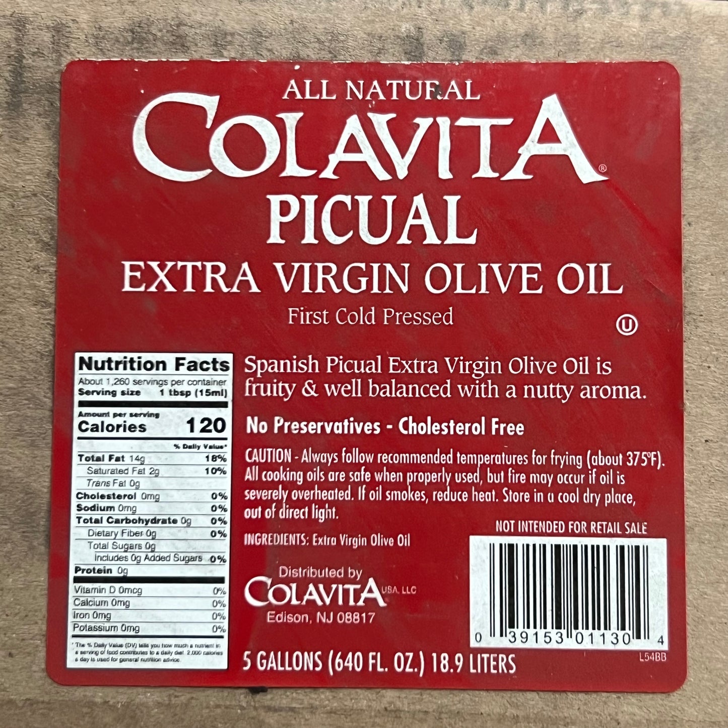 COLAVITA Picual Extra Virgin Olive Oil 5 Gallons BB 04/25