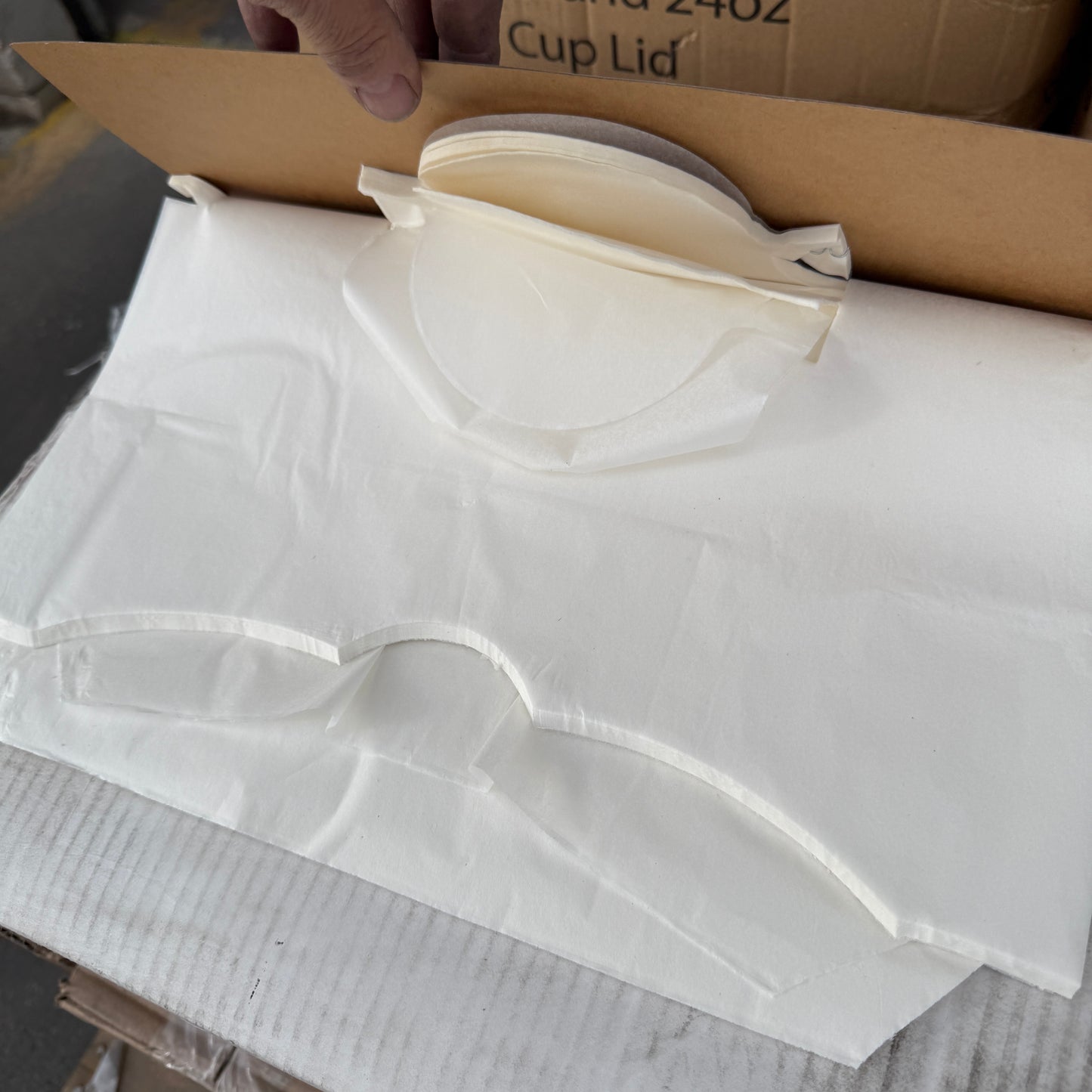 ZA@ Pallet of FIRST MARK Clear Lids, Black Hot Cup Lids, Tortilla Strips, & Toilet Seat Covers