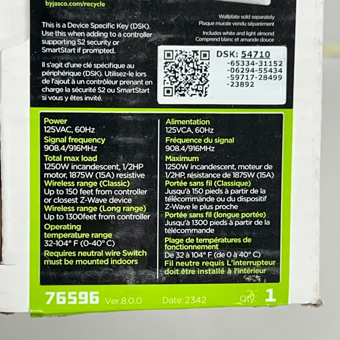 JASCO PRO Z-wave Plus in Wall Smart Switch 15 A 125V 60HZ White 76596