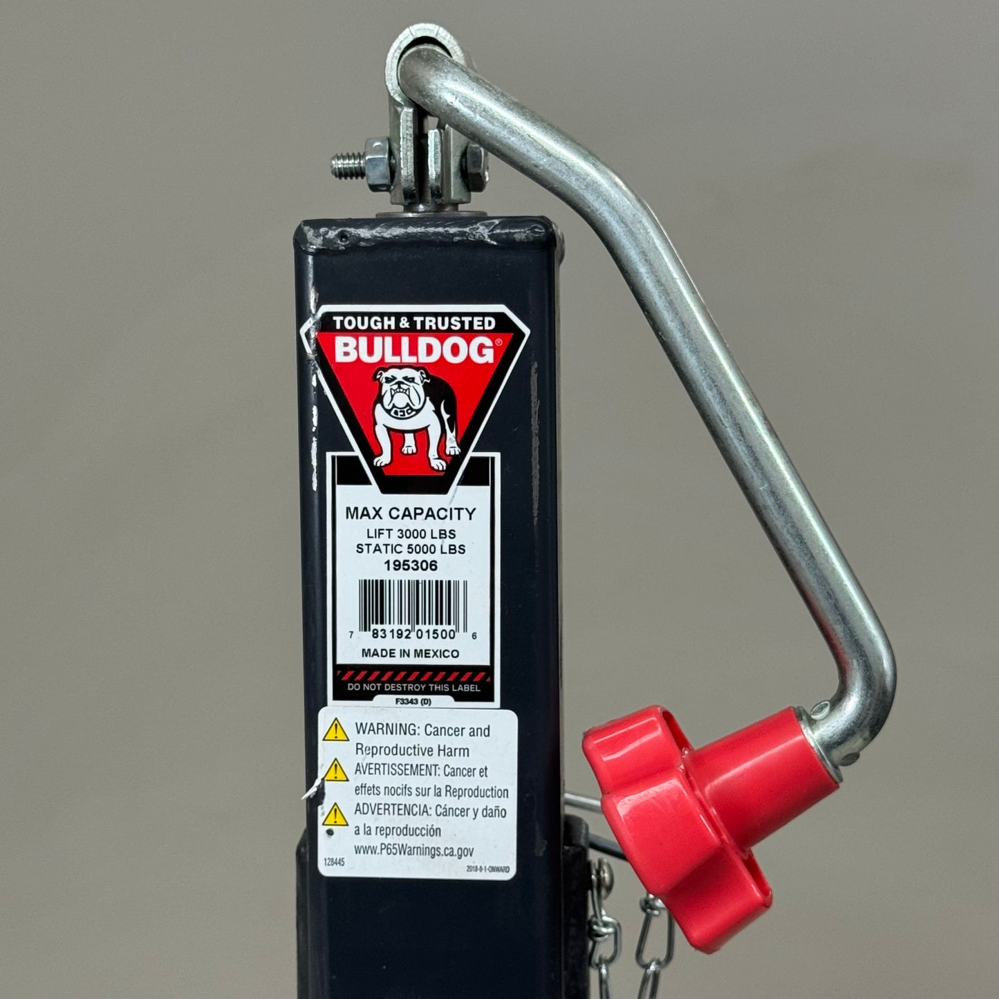 BULLDOG Square Tube Trailer Jack 3000 Lb Lift Cap 15" Travel 26" Closed Grey 195306